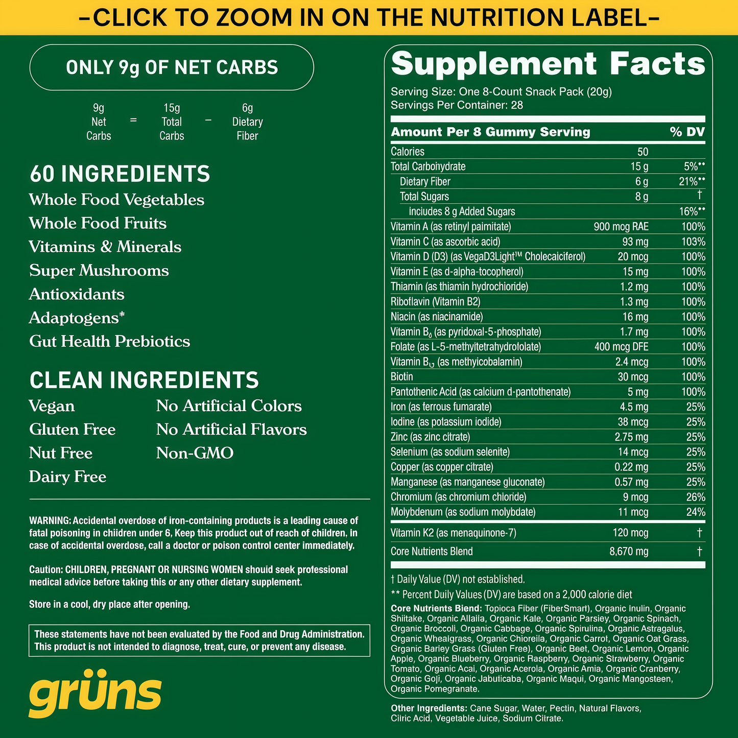 Gruns Adults Super Greens Gummies, Multivitamin Superfood Gummy Bears with Spirulina, Chlorella, Prebiotics & Fiber for Digestive Health, Adaptogens Supplement with 20 Vitamins & Minerals, 28 Count