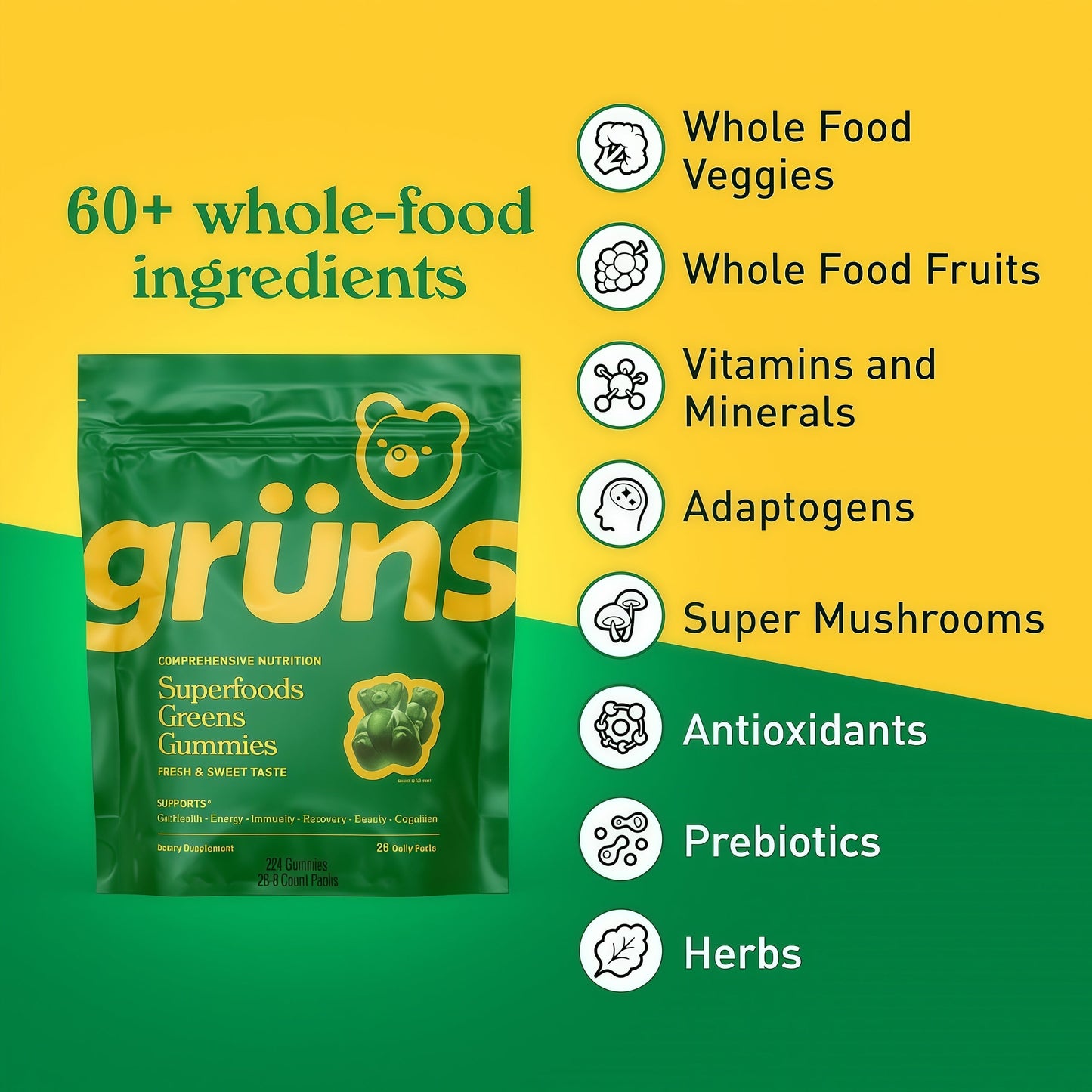 Gruns Adults Super Greens Gummies, Multivitamin Superfood Gummy Bears with Spirulina, Chlorella, Prebiotics & Fiber for Digestive Health, Adaptogens Supplement with 20 Vitamins & Minerals, 28 Count